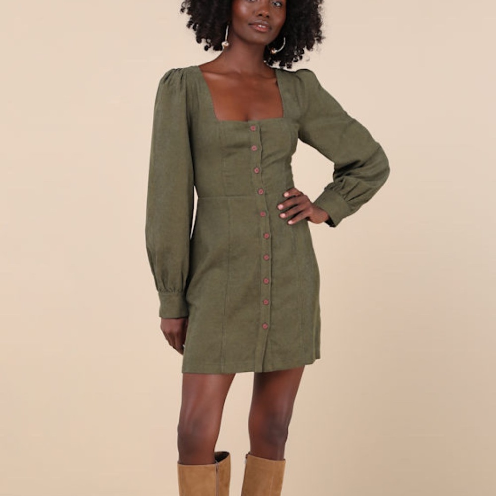 Lulus Posh Promise Olive Corduroy Long Sleeve Button-up Mini Dress Green